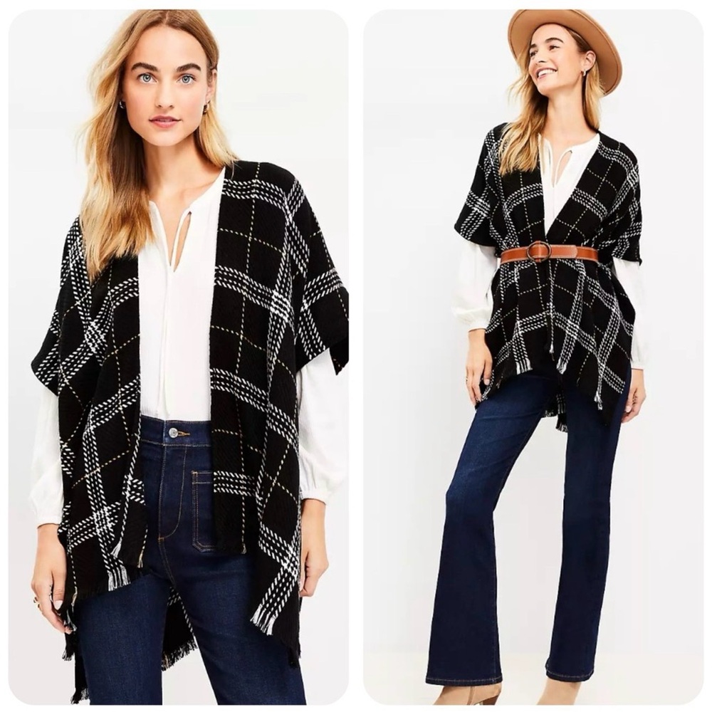 New Loft Women's Plaid Black and White Ruana Poncho Sweater Wrap